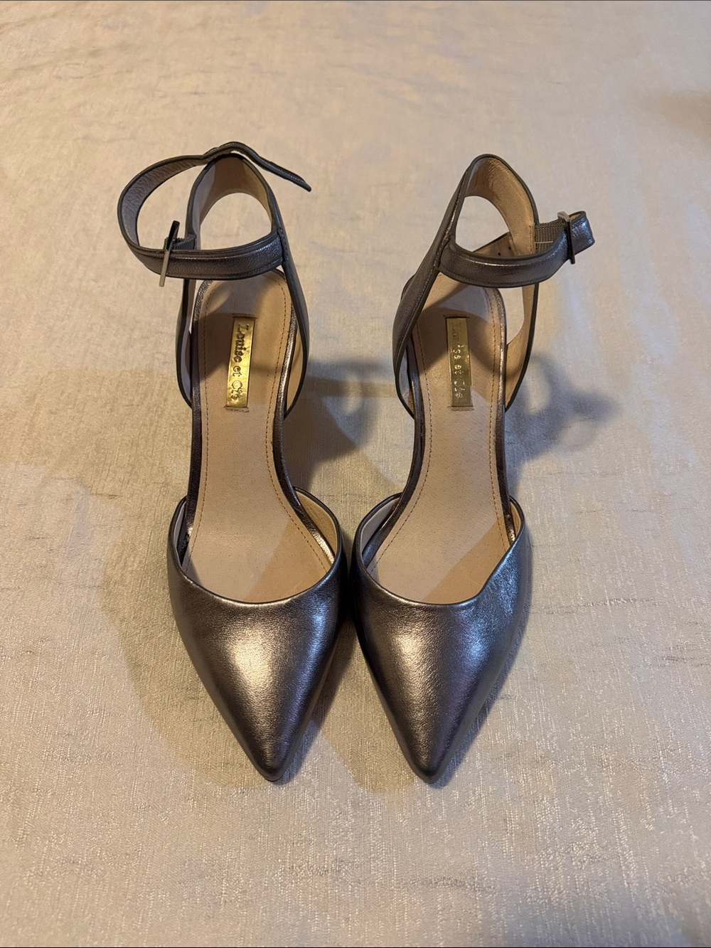 Louise et Cie Metallic Pewter Pointed-Toe Ankle-Strap Heels